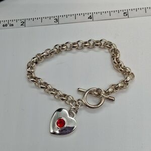 Silver heart with red rhinestone Toggle clasp bracelet 7"